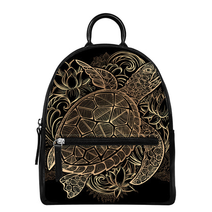 Black And Gold Sea Turtle Print Leather Backpack