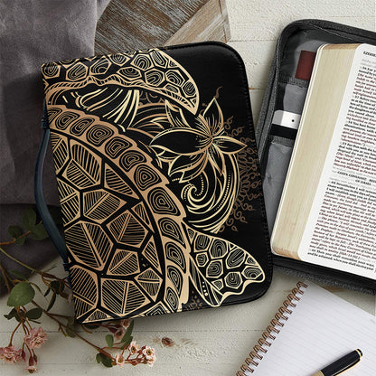Black And Gold Sea Turtle Print Leather Bible Cover