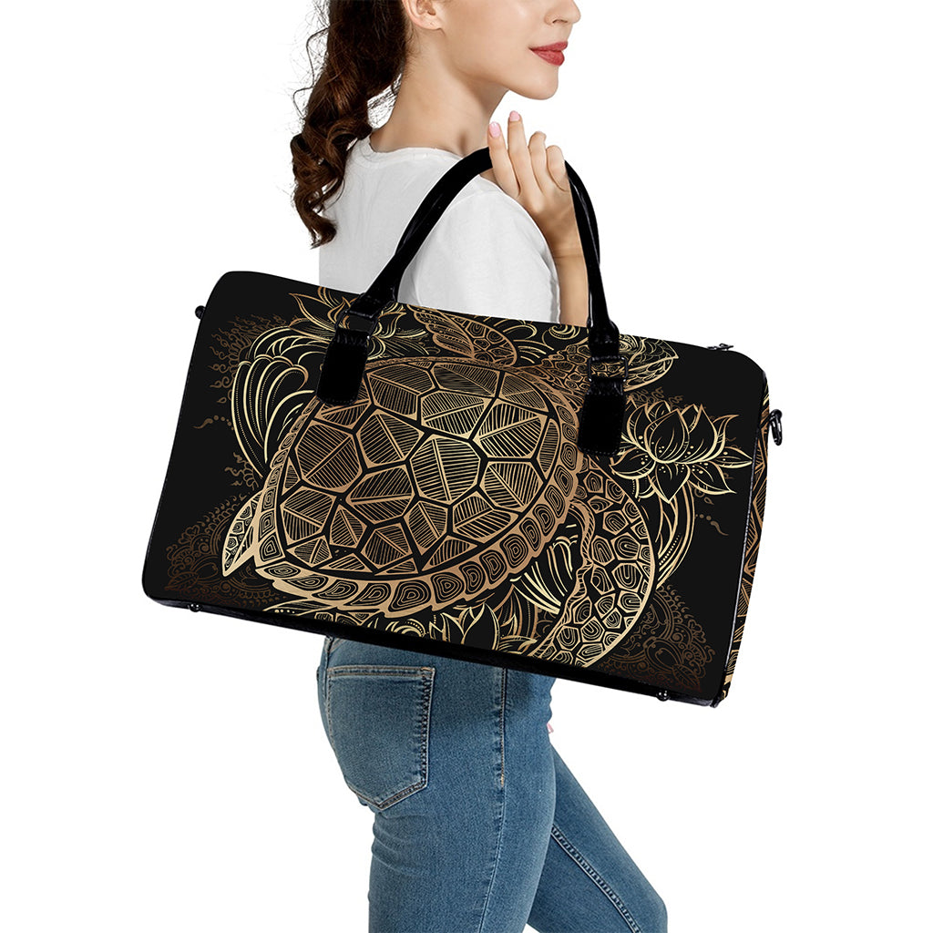Black And Gold Sea Turtle Print Leather Duffle Bag