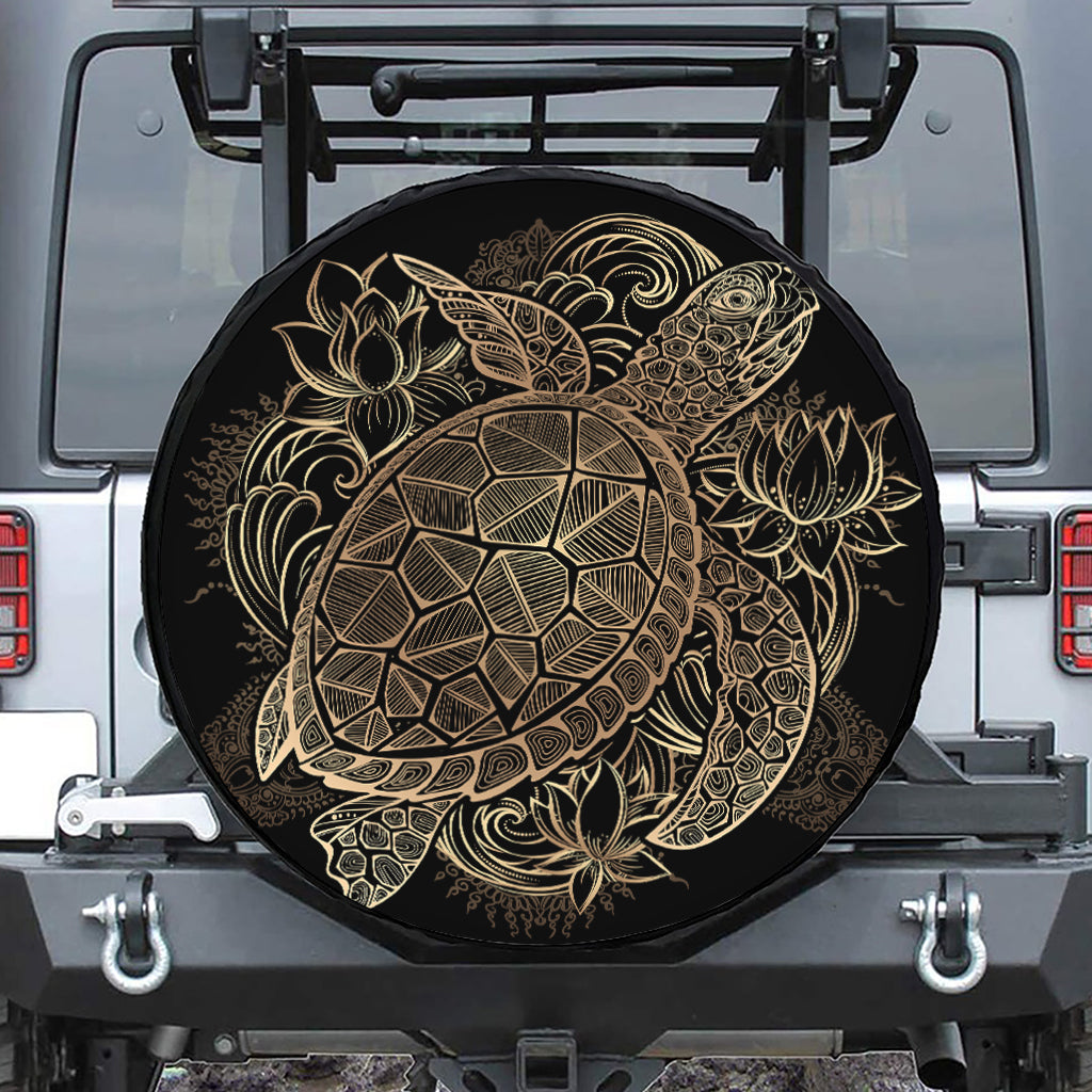 Black And Gold Sea Turtle Print Leather Spare Tire Cover