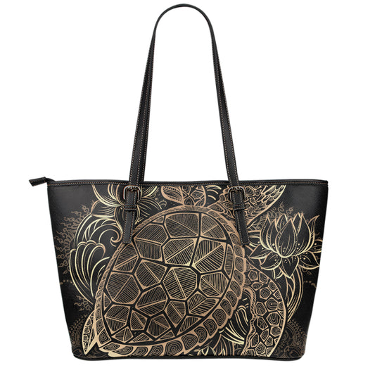 Black And Gold Sea Turtle Print Leather Tote Bag