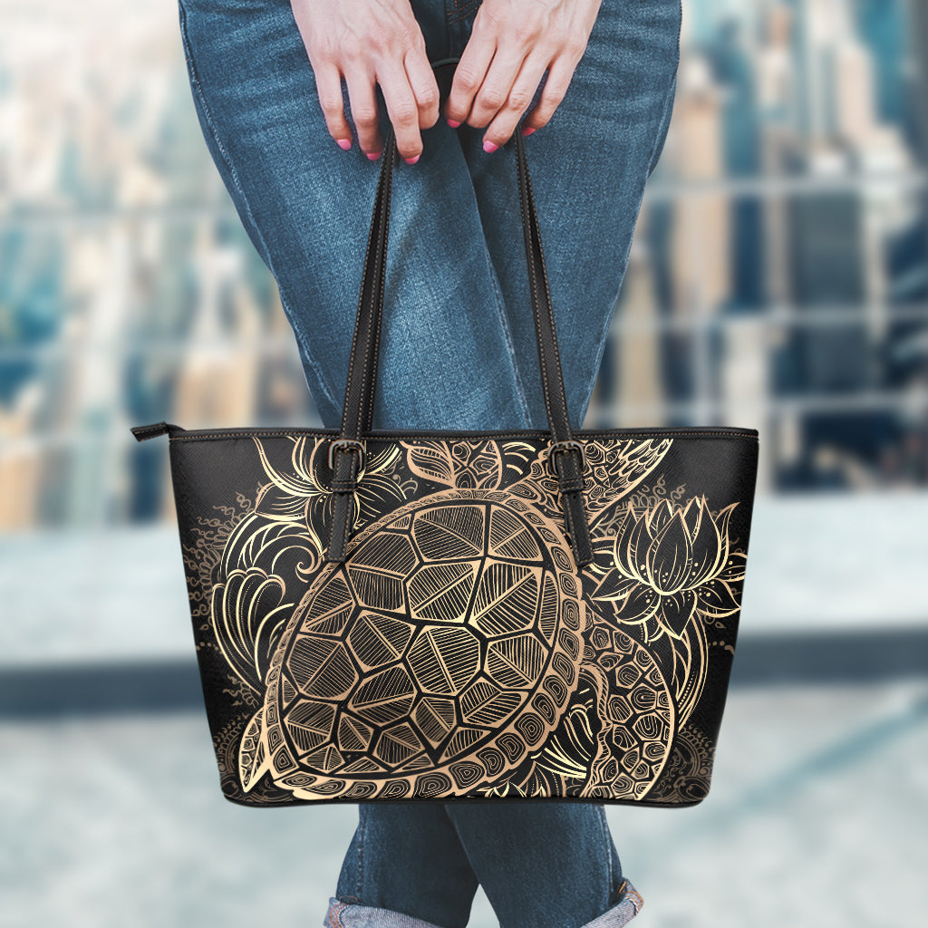 Black And Gold Sea Turtle Print Leather Tote Bag