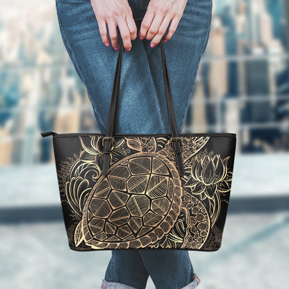 Black And Gold Sea Turtle Print Leather Tote Bag