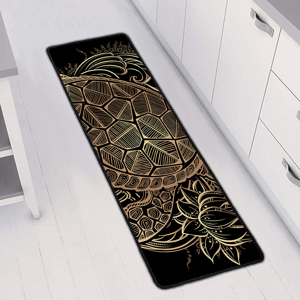 Black And Gold Sea Turtle Print Long Kitchen Mat
