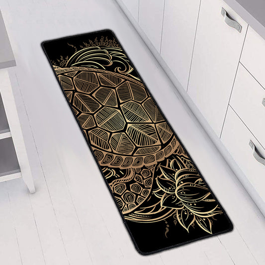 Black And Gold Sea Turtle Print Long Kitchen Mat