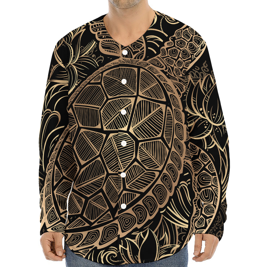 Black And Gold Sea Turtle Print Long Sleeve Baseball Jersey