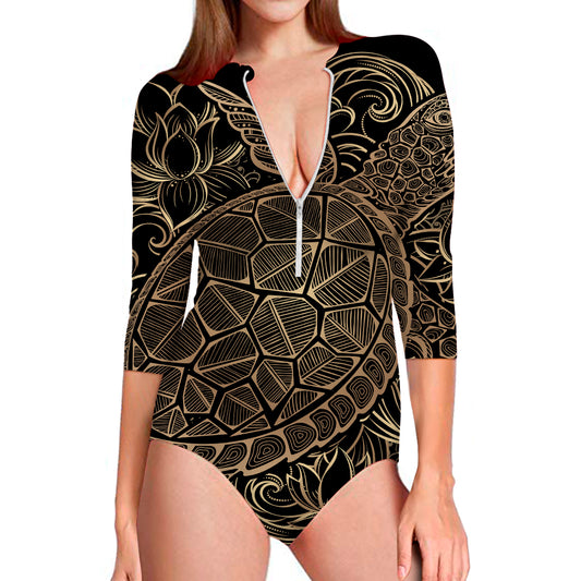 Black And Gold Sea Turtle Print Long Sleeve Swimsuit