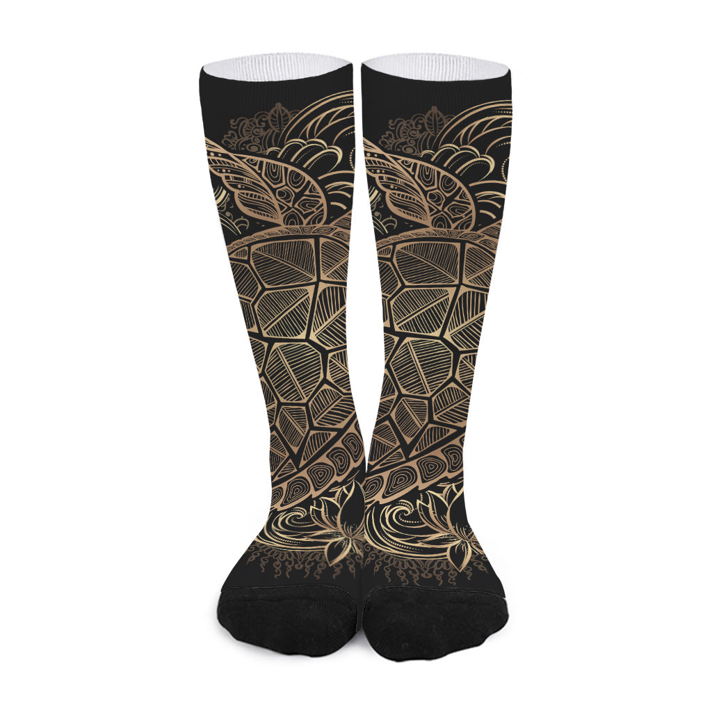 Black And Gold Sea Turtle Print Long Socks