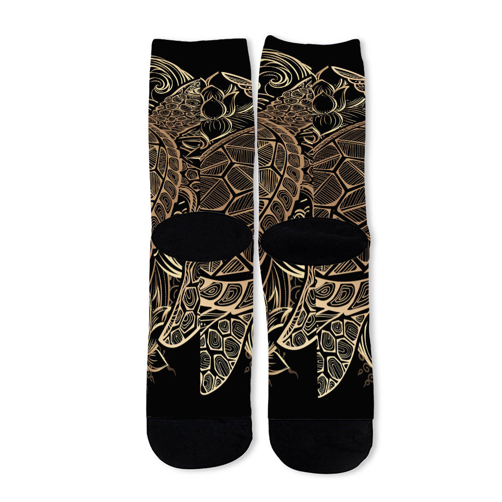 Black And Gold Sea Turtle Print Long Socks