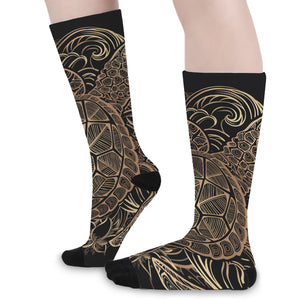 Black And Gold Sea Turtle Print Long Socks