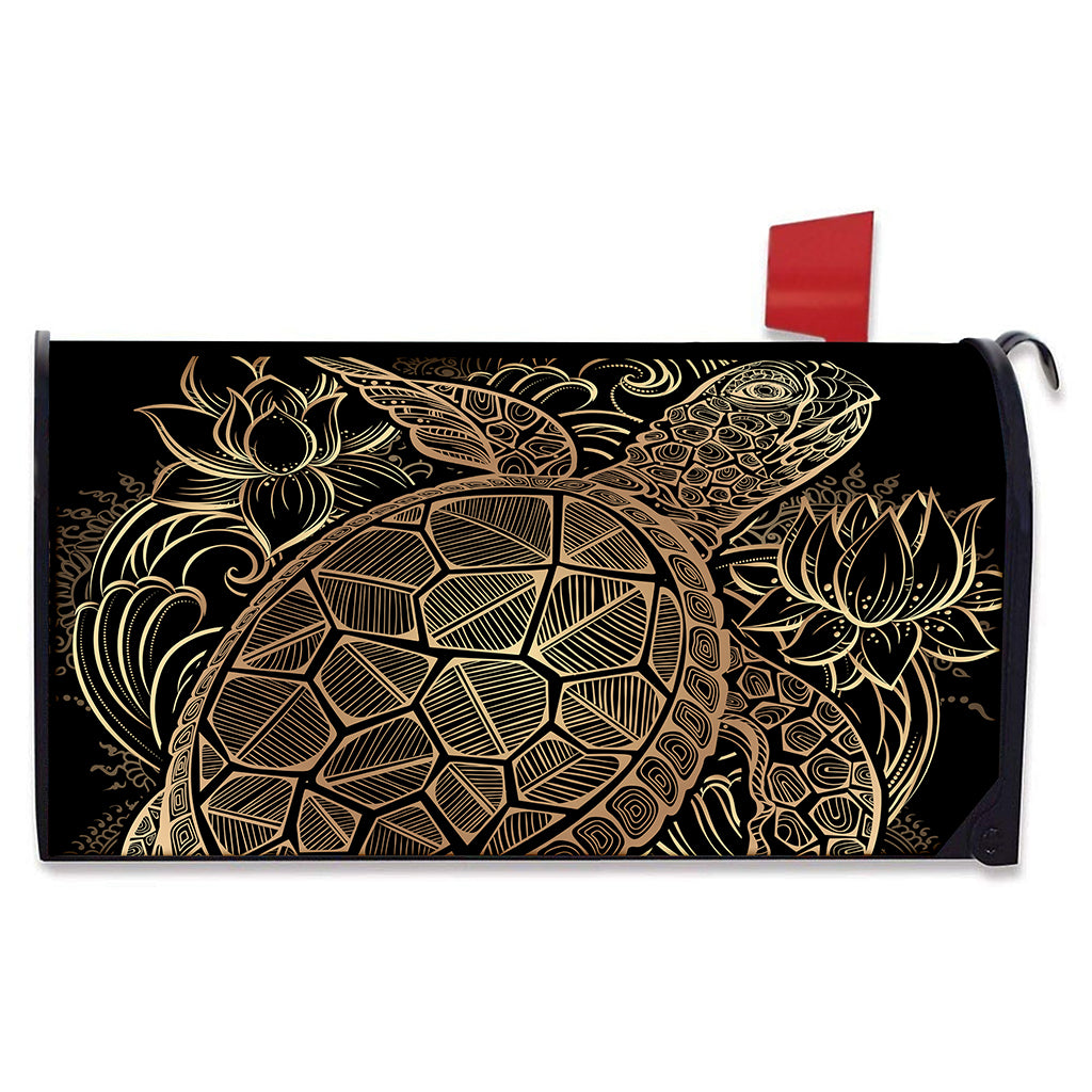 Black And Gold Sea Turtle Print Mailbox Cover