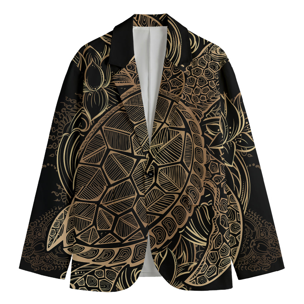 Black And Gold Sea Turtle Print Men's Cotton Blazer