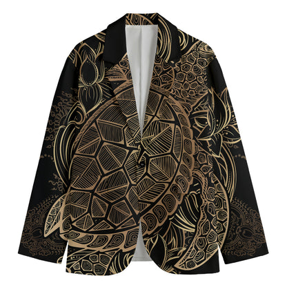 Black And Gold Sea Turtle Print Men's Cotton Blazer