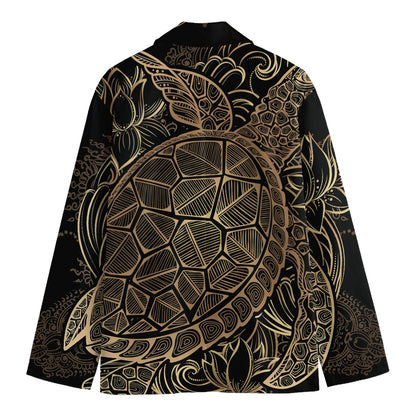 Black And Gold Sea Turtle Print Men's Cotton Blazer