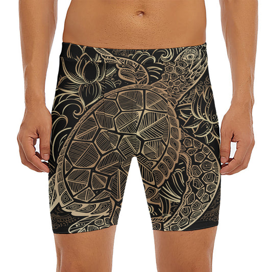 Black And Gold Sea Turtle Print Men's Long Boxer Briefs