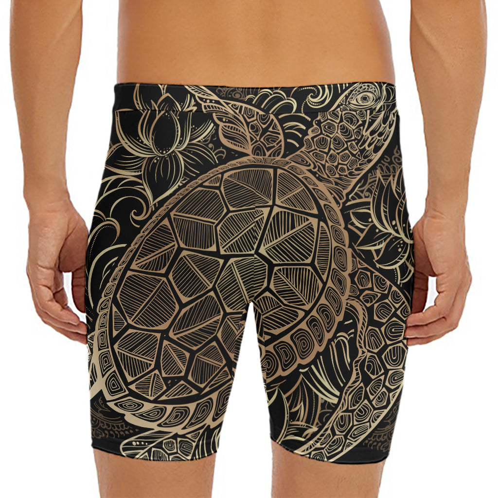 Black And Gold Sea Turtle Print Men's Long Boxer Briefs