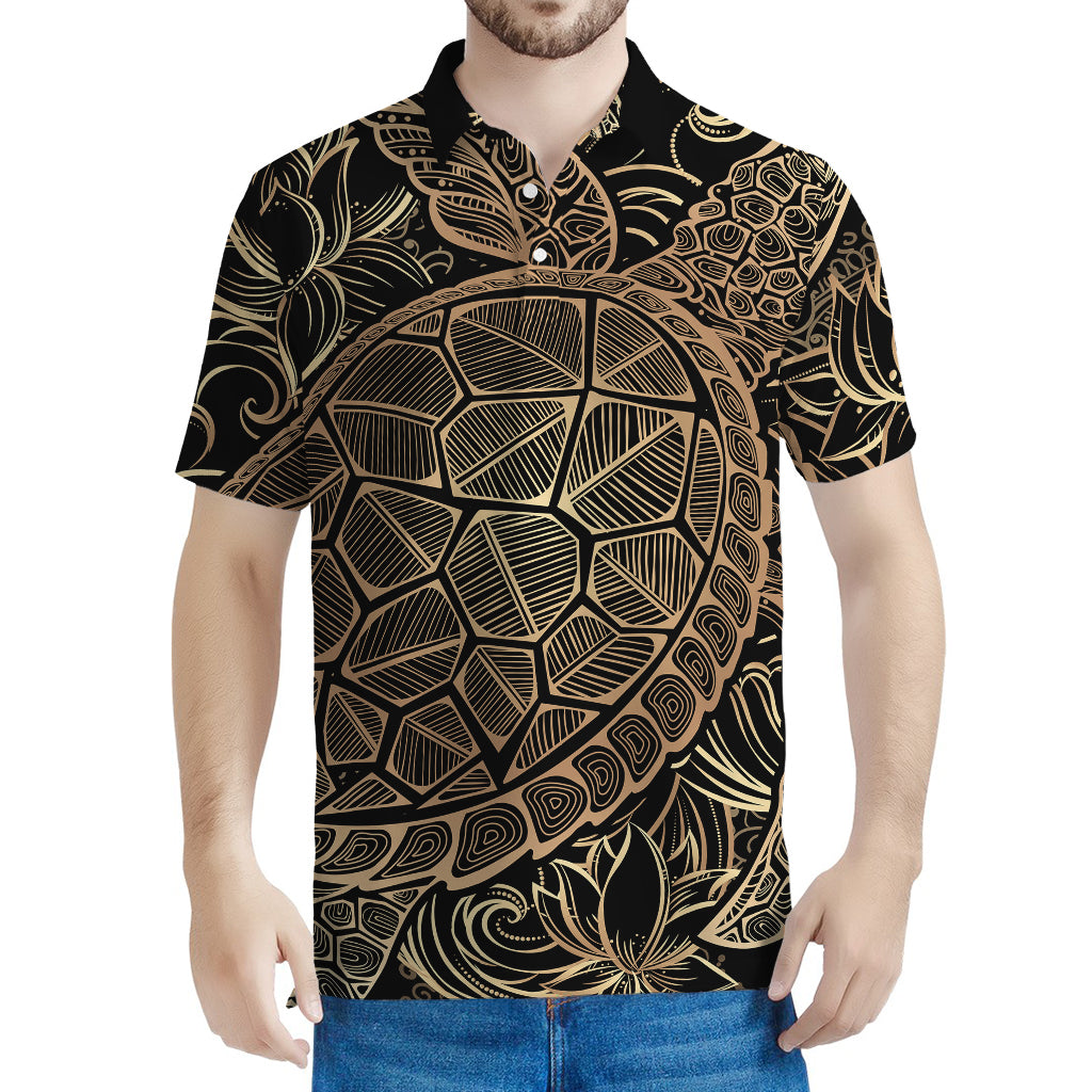 Black And Gold Sea Turtle Print Men's Polo Shirt