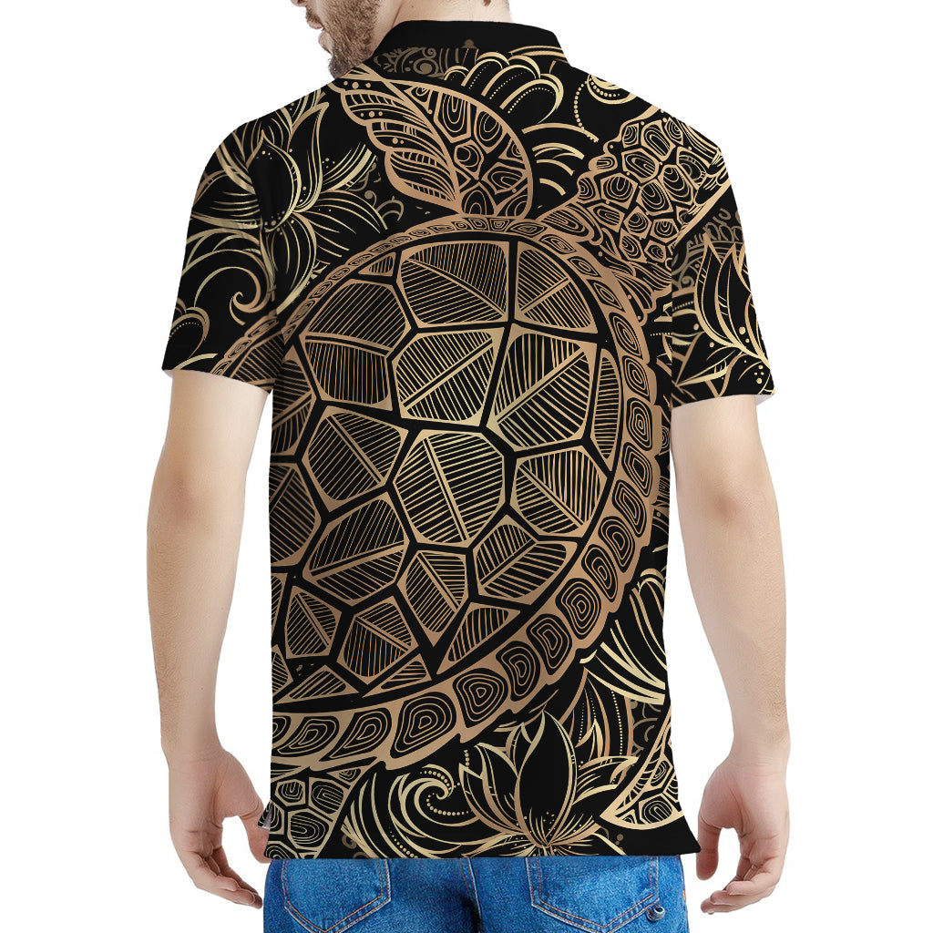 Black And Gold Sea Turtle Print Men's Polo Shirt