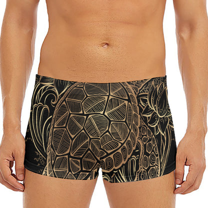 Black And Gold Sea Turtle Print Men's Short Boxer Briefs