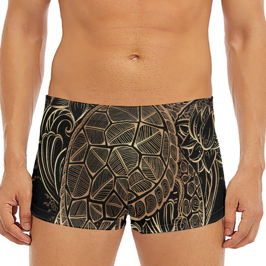 Black And Gold Sea Turtle Print Men's Short Boxer Briefs