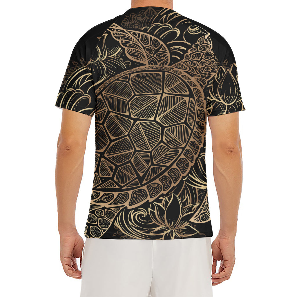 Black And Gold Sea Turtle Print Men's Short Sleeve Rash Guard