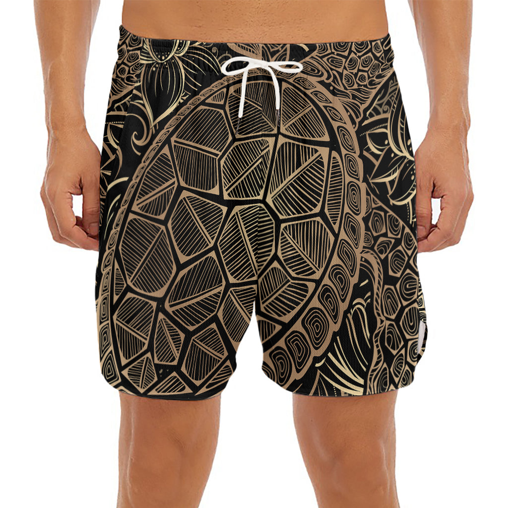 Black And Gold Sea Turtle Print Men's Split Running Shorts