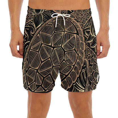 Black And Gold Sea Turtle Print Men's Split Running Shorts