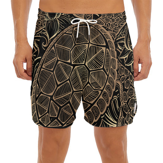 Black And Gold Sea Turtle Print Men's Split Running Shorts