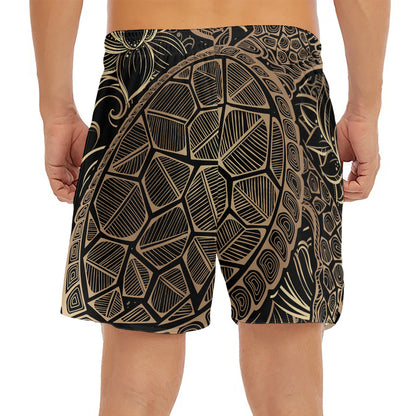 Black And Gold Sea Turtle Print Men's Split Running Shorts