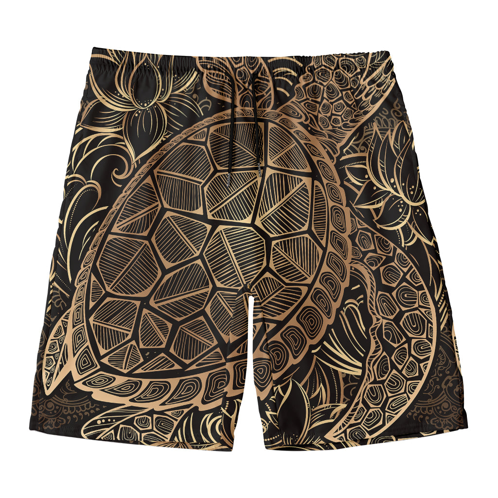 Black And Gold Sea Turtle Print Men's Swim Trunks