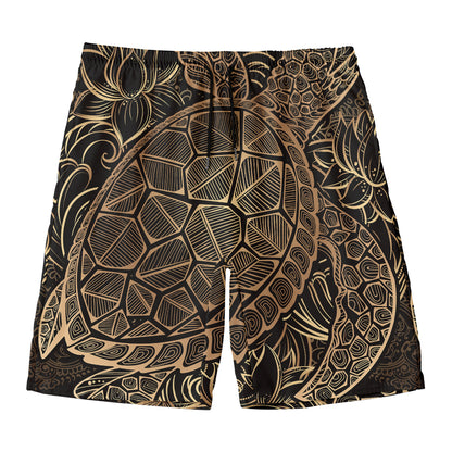Black And Gold Sea Turtle Print Men's Swim Trunks