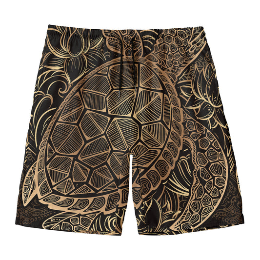 Black And Gold Sea Turtle Print Men's Swim Trunks