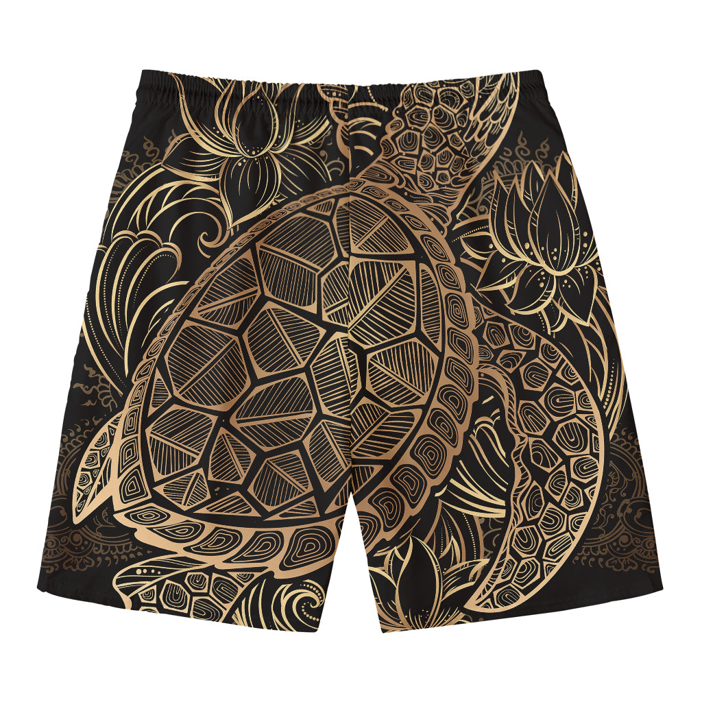 Black And Gold Sea Turtle Print Men's Swim Trunks