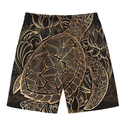 Black And Gold Sea Turtle Print Men's Swim Trunks