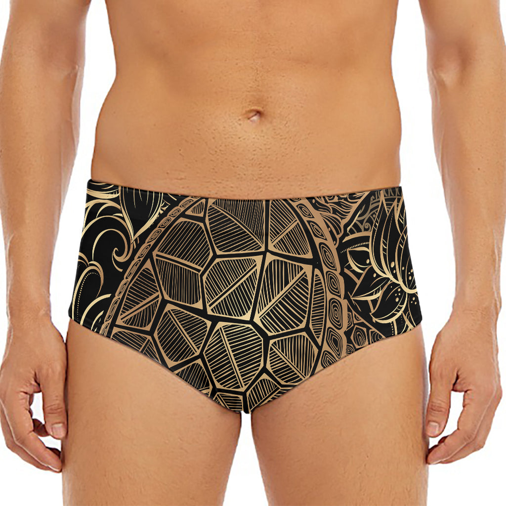 Black And Gold Sea Turtle Print Men's Triangle Swim Briefs