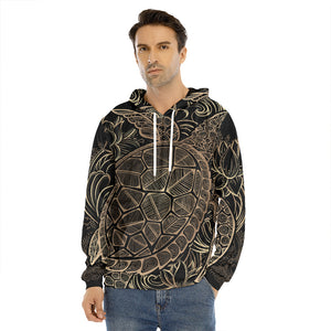 Black And Gold Sea Turtle Print Men's Velvet Pullover Hoodie