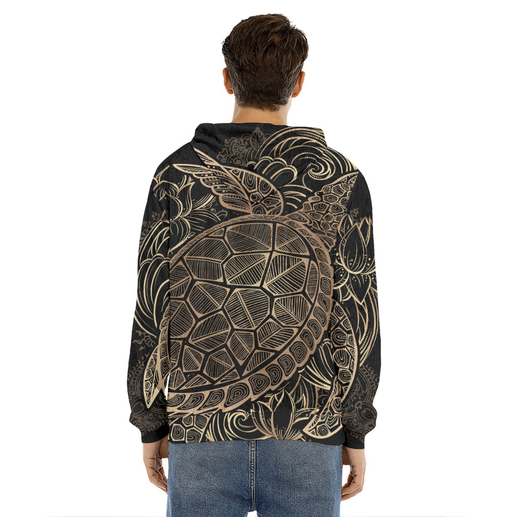 Black And Gold Sea Turtle Print Men's Velvet Pullover Hoodie