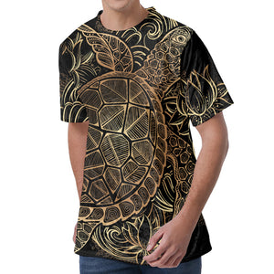 Black And Gold Sea Turtle Print Men's Velvet T-Shirt