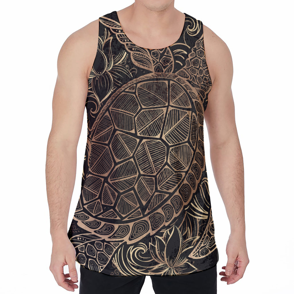 Black And Gold Sea Turtle Print Men's Velvet Tank Top