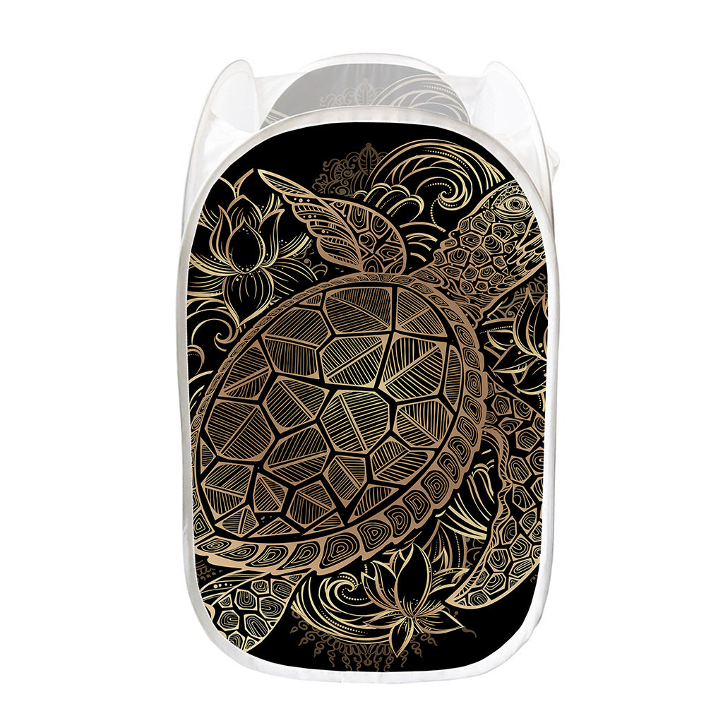 Black And Gold Sea Turtle Print Mesh Laundry Hamper
