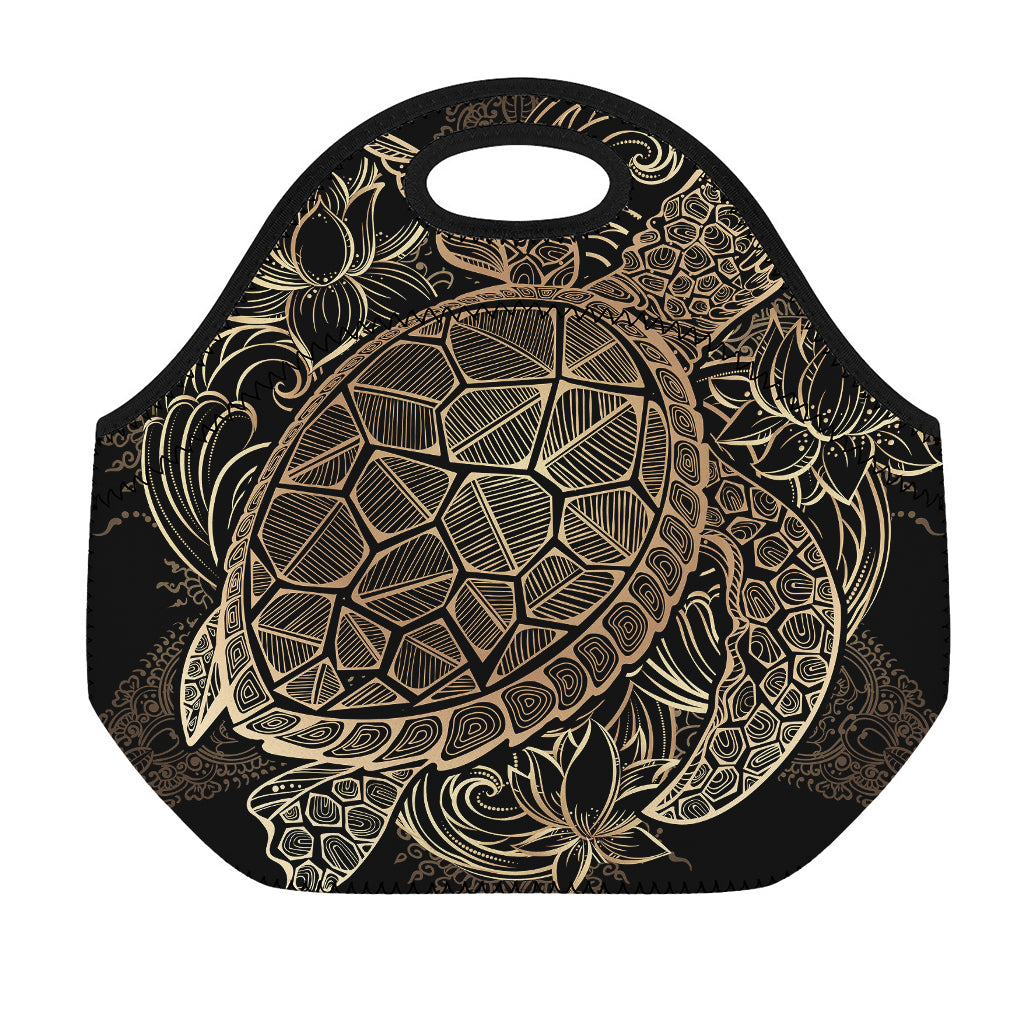Black And Gold Sea Turtle Print Neoprene Lunch Bag