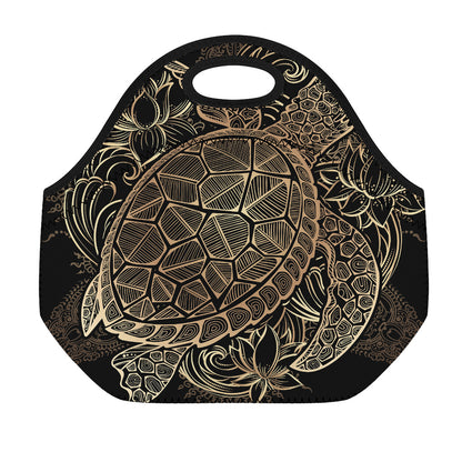 Black And Gold Sea Turtle Print Neoprene Lunch Bag