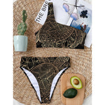 Black And Gold Sea Turtle Print One Shoulder Bikini Top