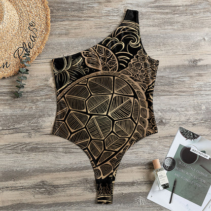 Black And Gold Sea Turtle Print One Shoulder Bodysuit