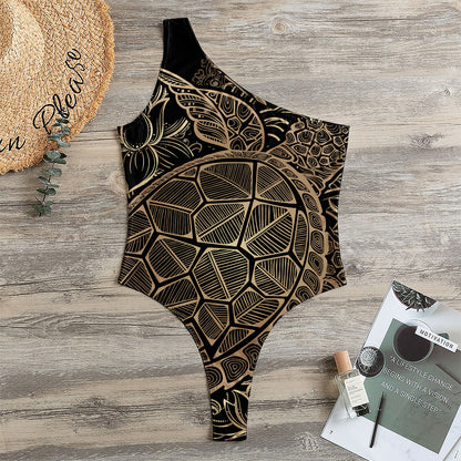 Black And Gold Sea Turtle Print One Shoulder Bodysuit