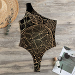 Black And Gold Sea Turtle Print One Shoulder Bodysuit