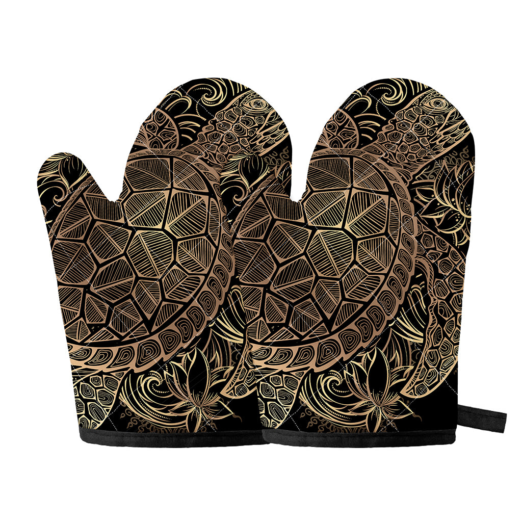 Black And Gold Sea Turtle Print Oven Mitts