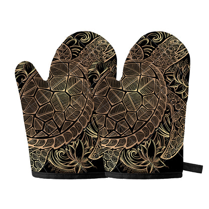 Black And Gold Sea Turtle Print Oven Mitts