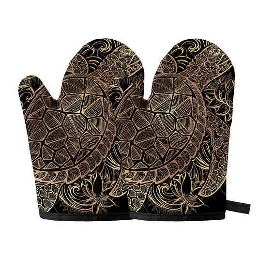 Black And Gold Sea Turtle Print Oven Mitts