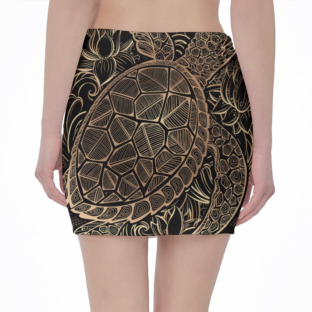 Black And Gold Sea Turtle Print Pencil Mini Skirt